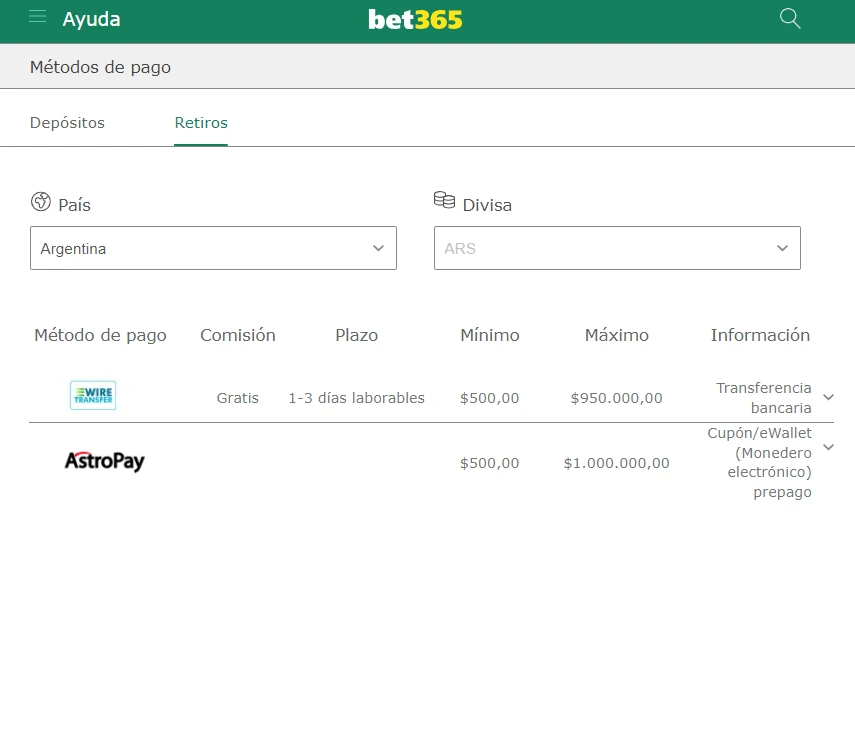 retiro de dinero en bet365 argentina