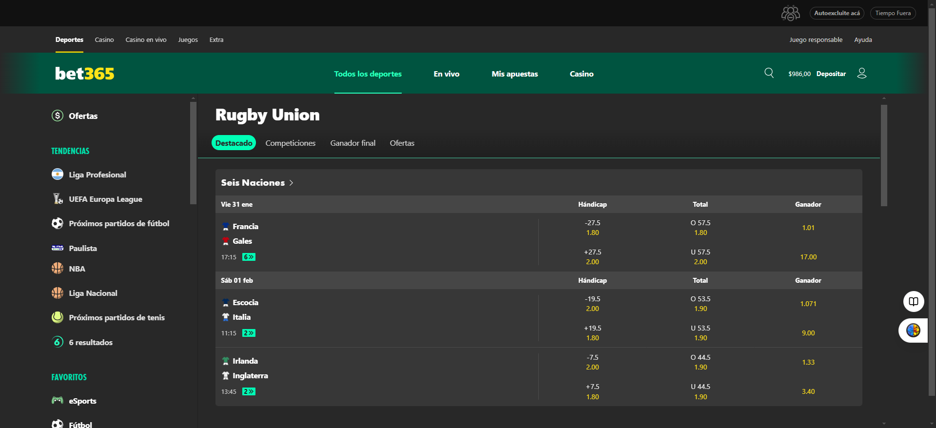 Partidos inaugurales del Torneo de las Seis Naciones en bet365